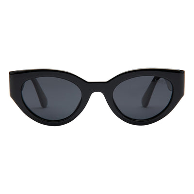 Black sunglasses with dark lenses on a white background.
BLACK / SMOKE POLARIZED LENS