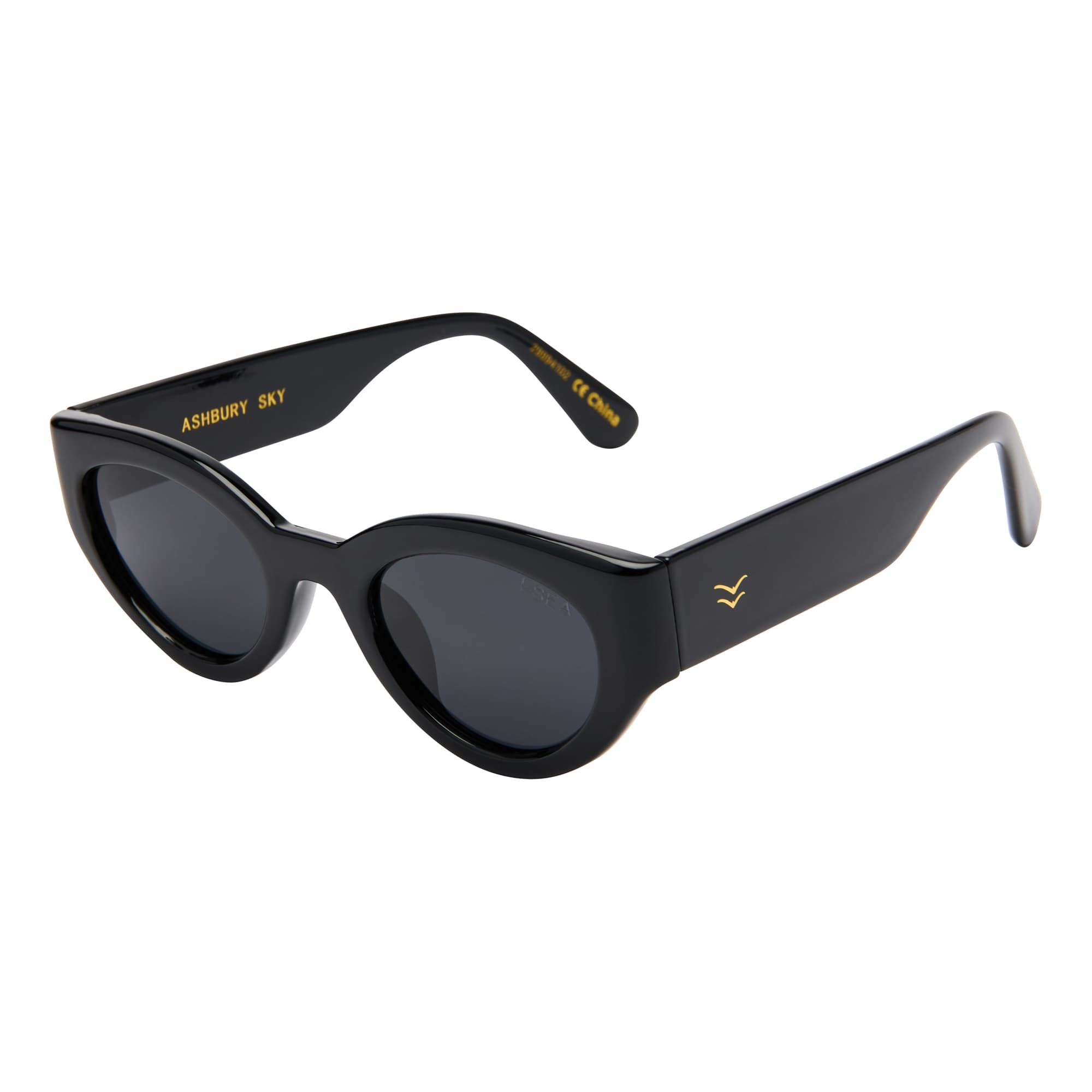 Black sunglasses with gold accents on a white background.
BLACK / SMOKE POLARIZED LENS