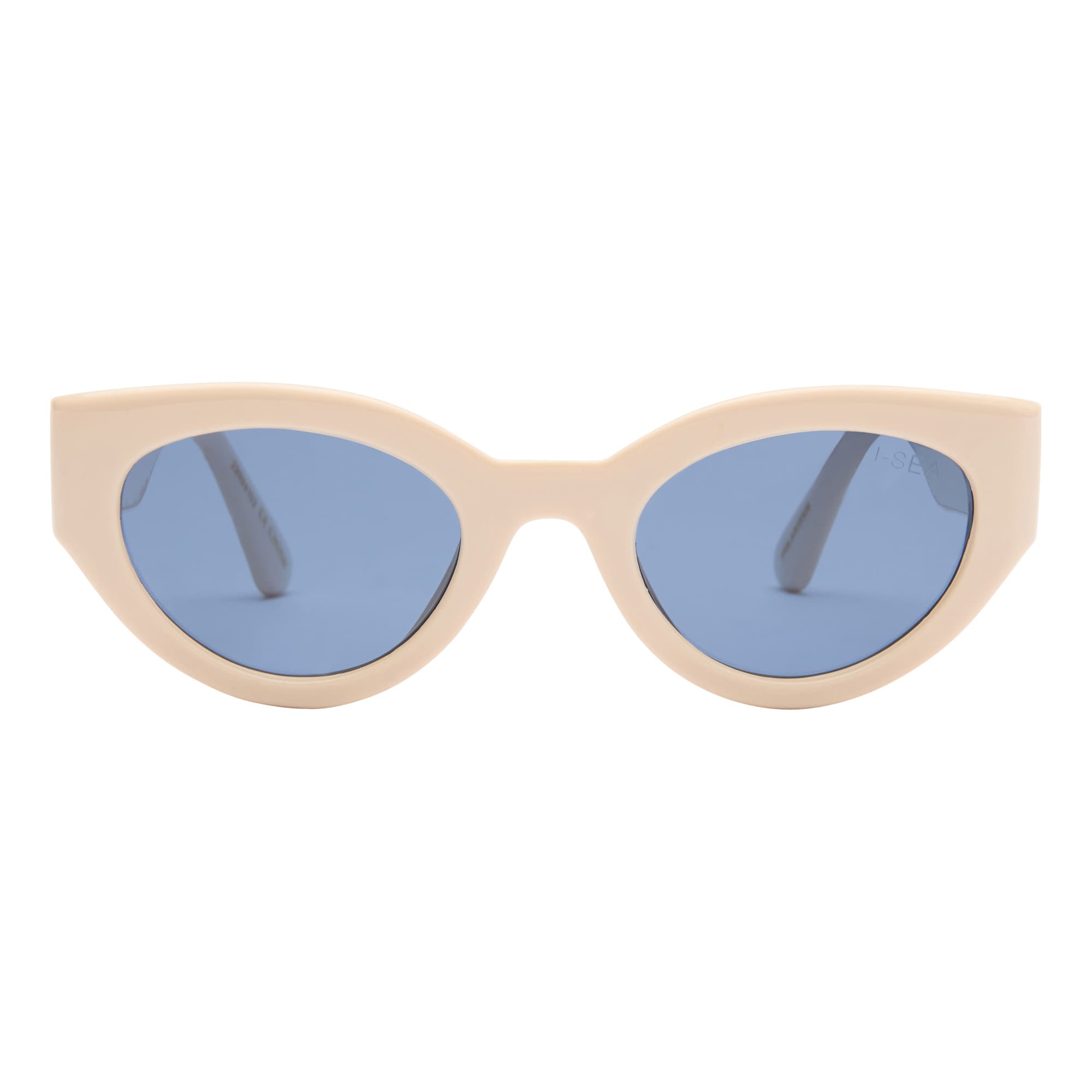 Beige sunglasses with blue lenses on a white background.
CREAM / NAVY POLARIZED LENS