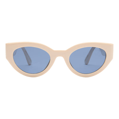 Beige sunglasses with blue lenses on a white background.
CREAM / NAVY POLARIZED LENS