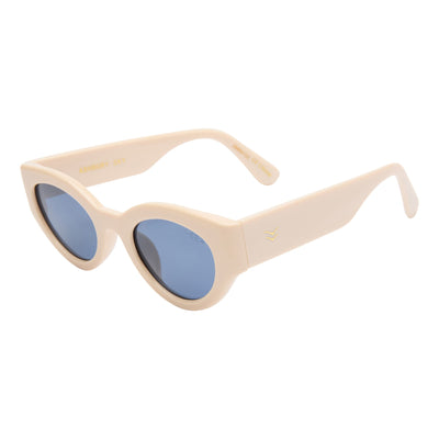 Beige sunglasses with blue lenses on a white background.
CREAM / NAVY POLARIZED LENS