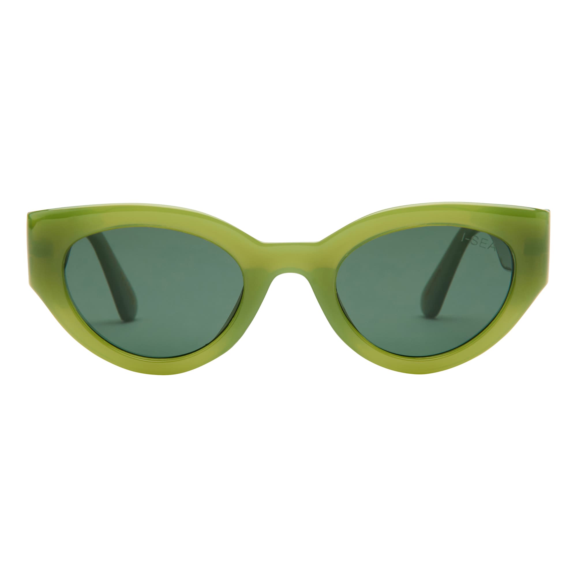 Green sunglasses with dark lenses on a white background.
MOSS / GREEN POLARIZED LENS