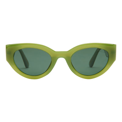Green sunglasses with dark lenses on a white background.
MOSS / GREEN POLARIZED LENS