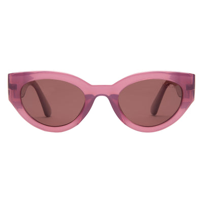 Pink sunglasses with brown lenses on a white background.
ROSE / PLUM POLARIZED LENS