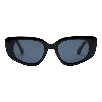 Black cat-eye sunglasses with blue lenses on a white background.
BLACK / SMOKE POLARIZED LENS
