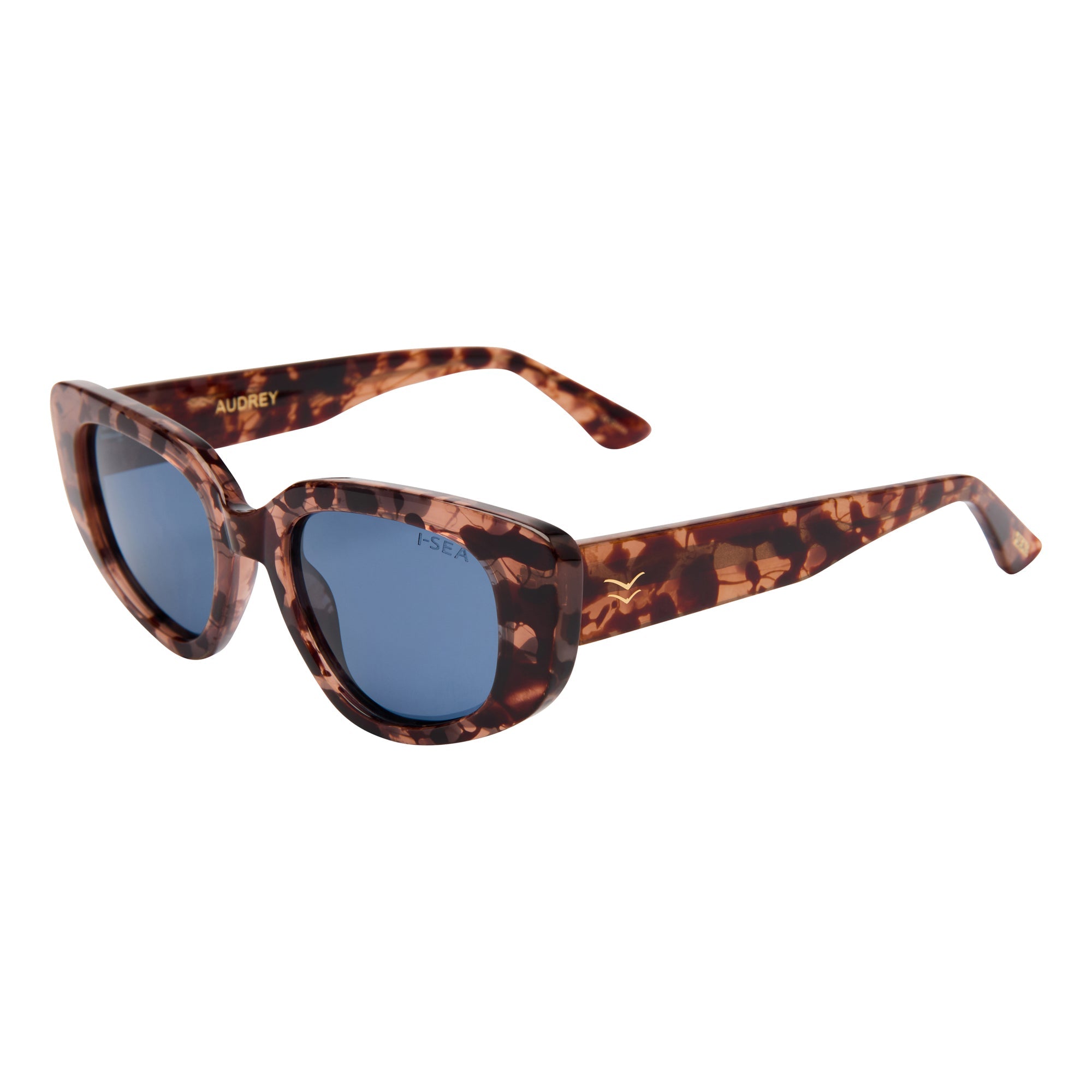 Tortoiseshell sunglasses with blue lenses on a white background.
BLONDE TORT / NAVY POLARIZED LENS