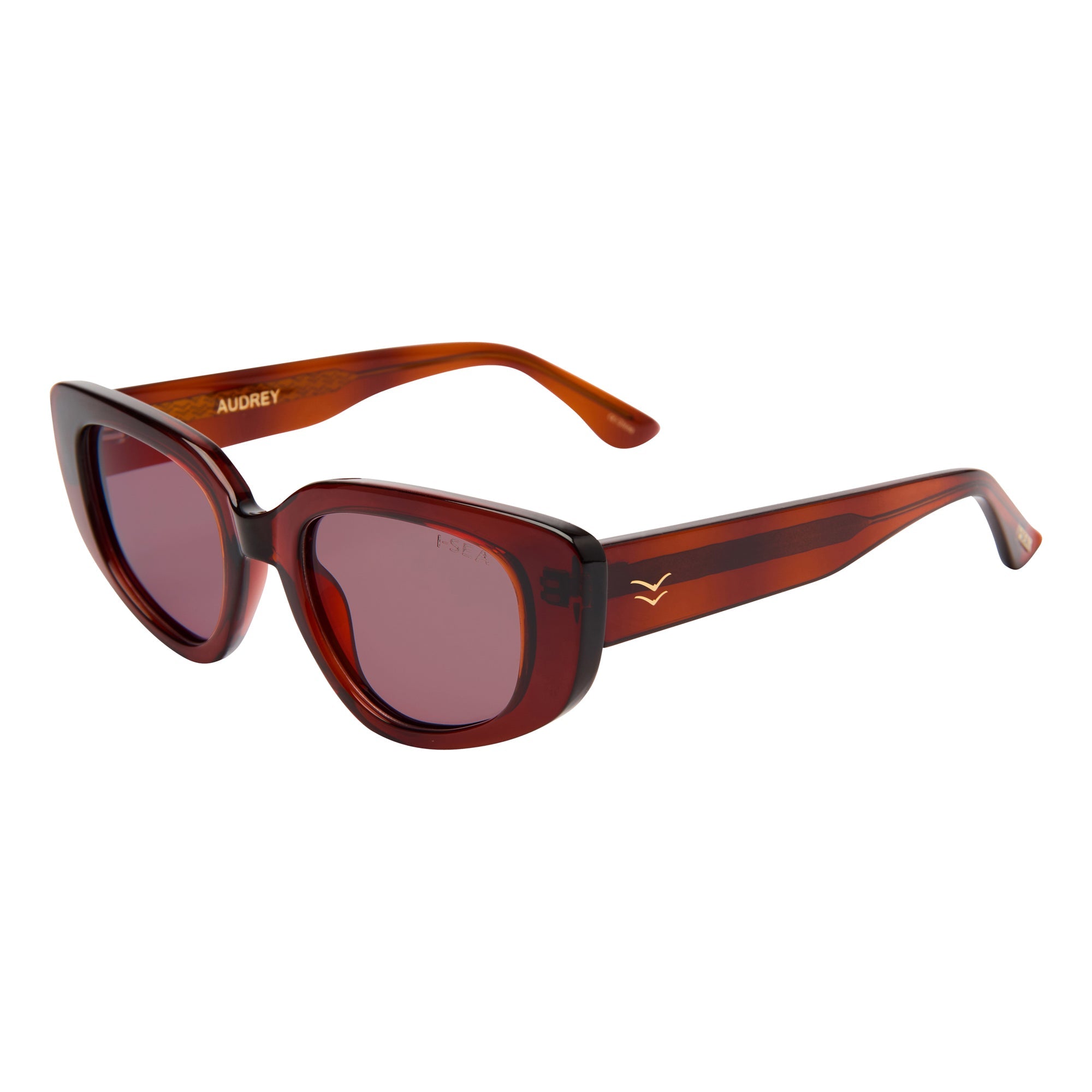 Sunglasses with tortoiseshell frame and red lenses on a white background.
COLA / PLUM POLARIZED LENS