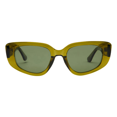Yellow sunglasses with green lenses on a white background.
OLIVE / GREEN POLARIZED LENS