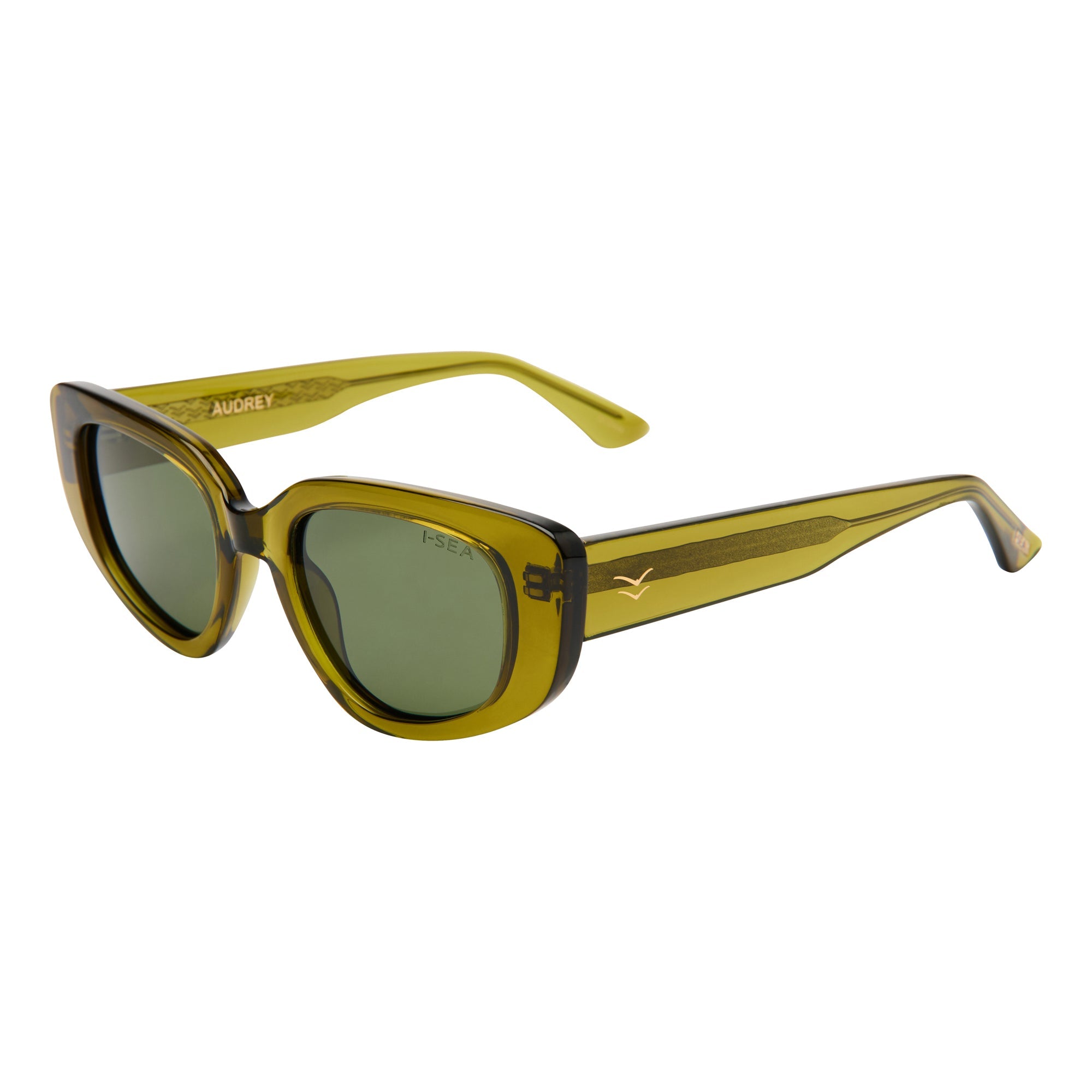 Sunglasses with yellow and black frame on a white background.
OLIVE / GREEN POLARIZED LENS