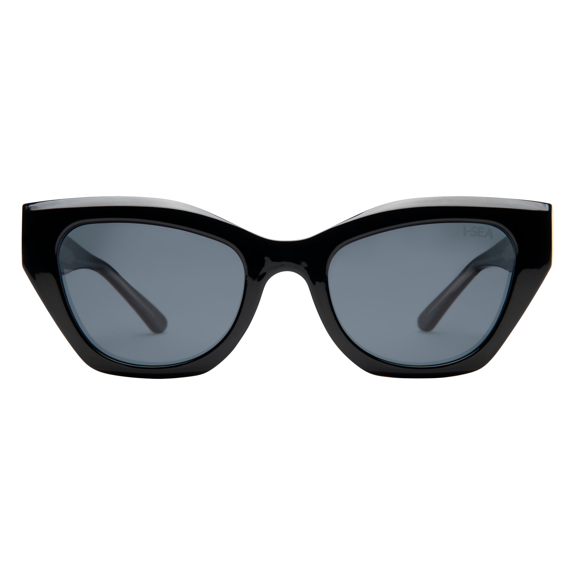 Black cat-eye sunglasses with dark lenses on a white background.
BLACK / SMOKE POLARIZED LENS