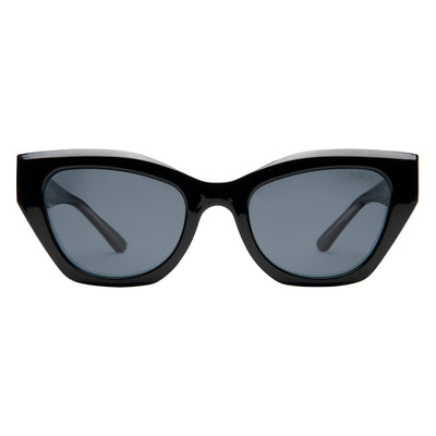 Black cat-eye sunglasses with dark lenses on a white background.
BLACK / SMOKE POLARIZED LENS