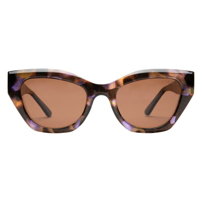 Sunglasses with tortoiseshell frame and brown lenses on a white background.
BLUE TORT / BROWN POLARIZED LENS