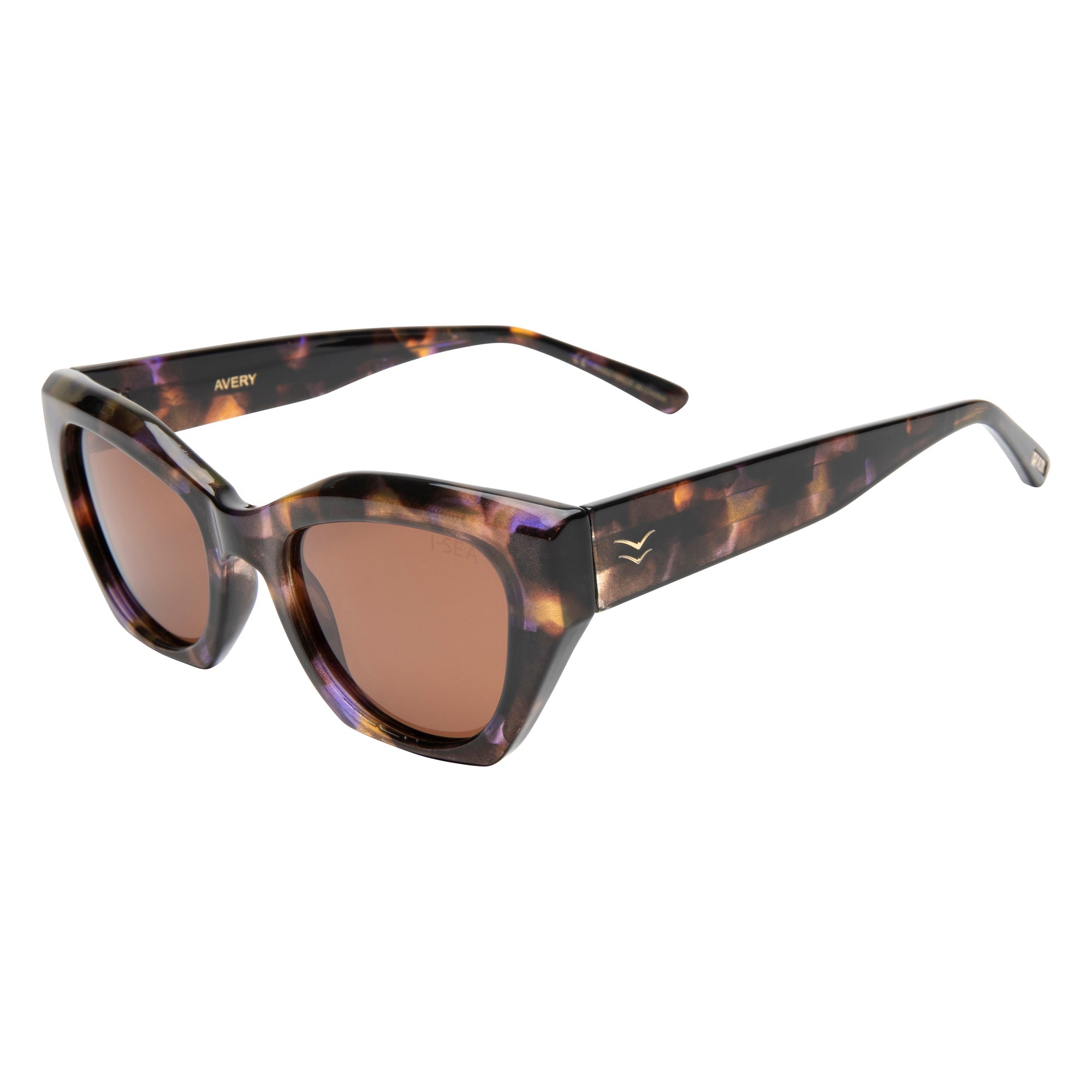 Tortoiseshell sunglasses with brown lenses on a white background.
BLUE TORT / BROWN POLARIZED LENS