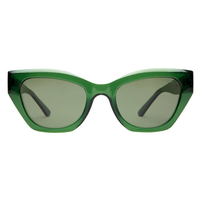 Green sunglasses with a white frame on a white background.
EMERALD / GREEN POLARIZED LENS