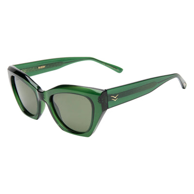 Green sunglasses with black accents on a white background.
EMERALD / GREEN POLARIZED LENS