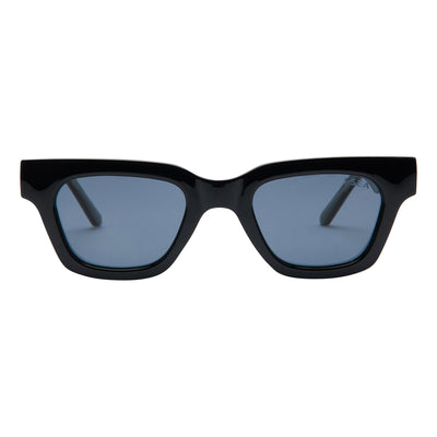 Black sunglasses with blue lenses on a white background.
BLACK / SMOKE POLARIZED LENS