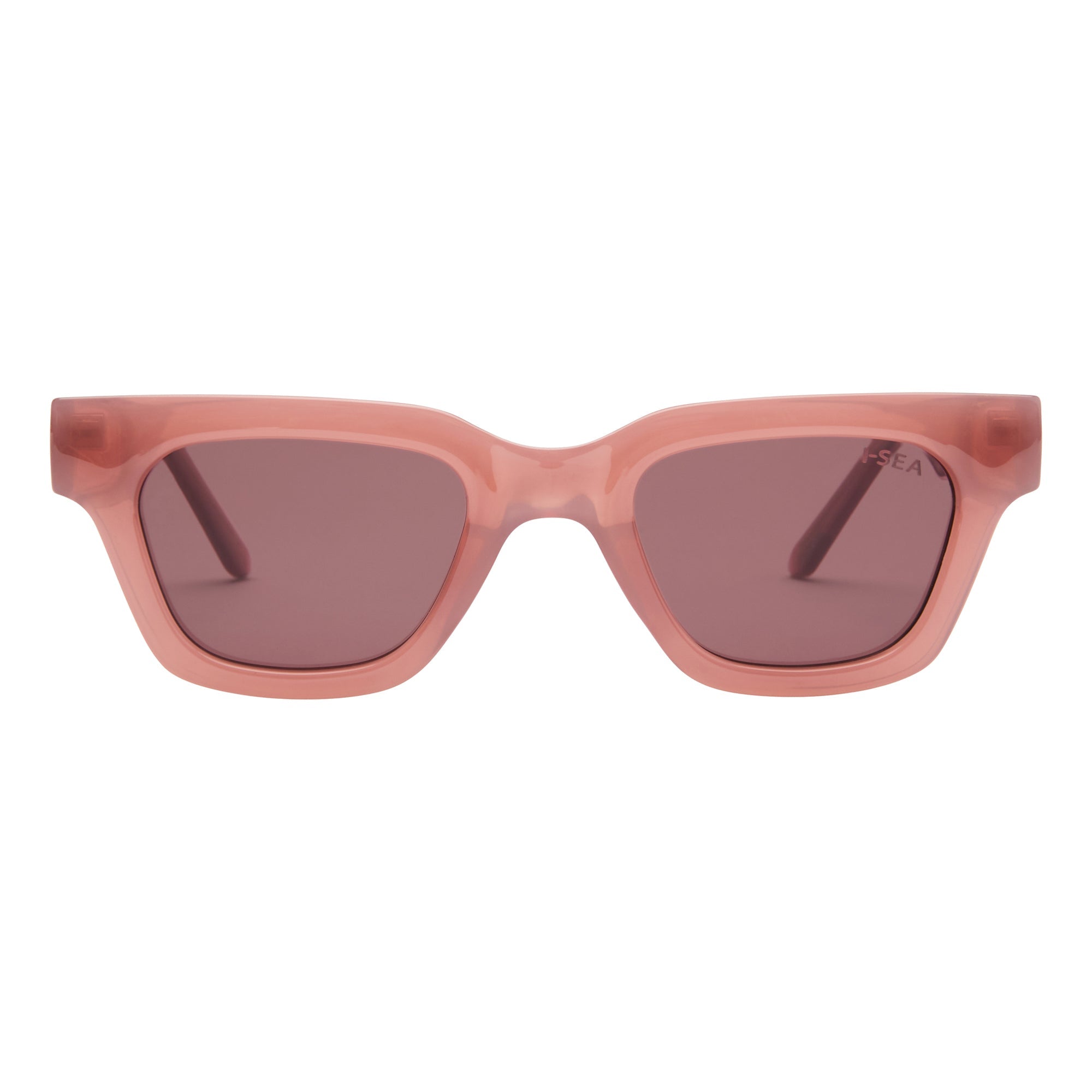 Pink sunglasses with dark lenses on a white background.
DUSTY ROSE / PLUM POLARIZED LENS