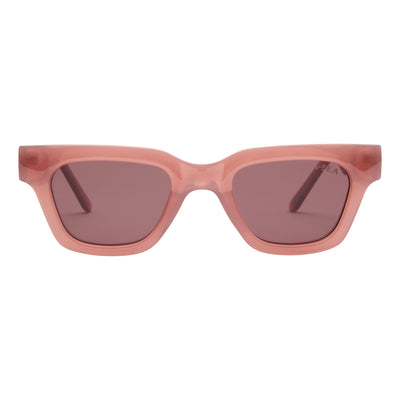 Pink sunglasses with dark lenses on a white background.
DUSTY ROSE / PLUM POLARIZED LENS