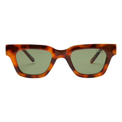 Sunglasses with tortoiseshell frame and green lenses on a white background.
TORT / GREEN POLARIZED LENS