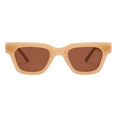 Beige sunglasses with brown lenses on a white background.
VANILLA / BROWN POLARIZED LENS