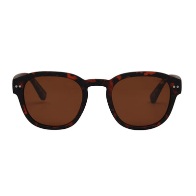 Sunglasses with brown lenses and black frame on a white background.
TORT / BROWN POLARIZED LENS
