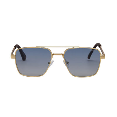 Gold-framed sunglasses with blue lenses on a white background.
GOLD / BLUE GRADIENT LENS