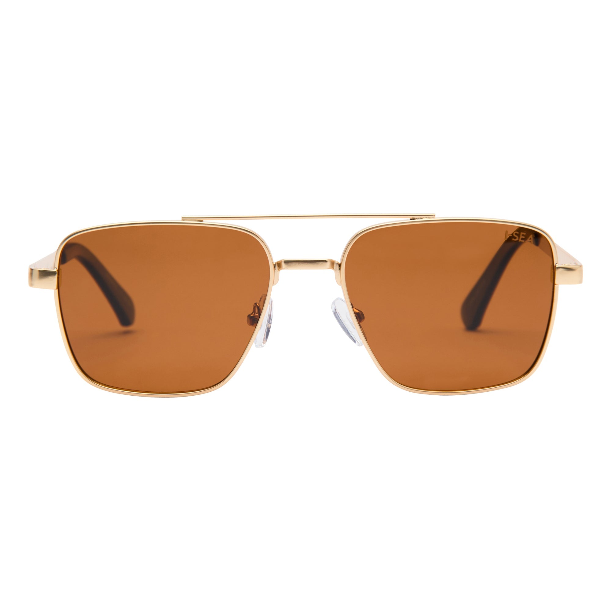 Gold-framed sunglasses with brown lenses on a white background.
GOLD / BROWN POLARIZED LENS