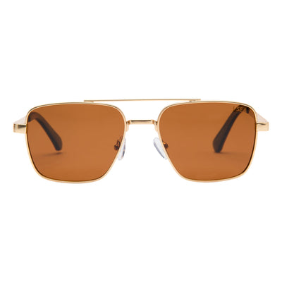 Gold-framed sunglasses with brown lenses on a white background.
GOLD / BROWN POLARIZED LENS