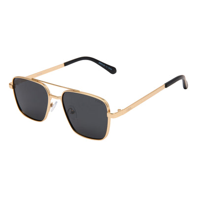 Gold-framed sunglasses with black lenses on a white background.
GOLD / SMOKE POLARIZED LENS