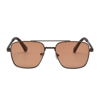 Sunglasses with brown lenses and black frame on a white background.
GUNMETAL / AMBER LENS
