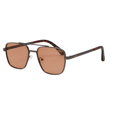 Sunglasses with brown lenses and dark frame on a white background.
GUNMETAL / AMBER LENS