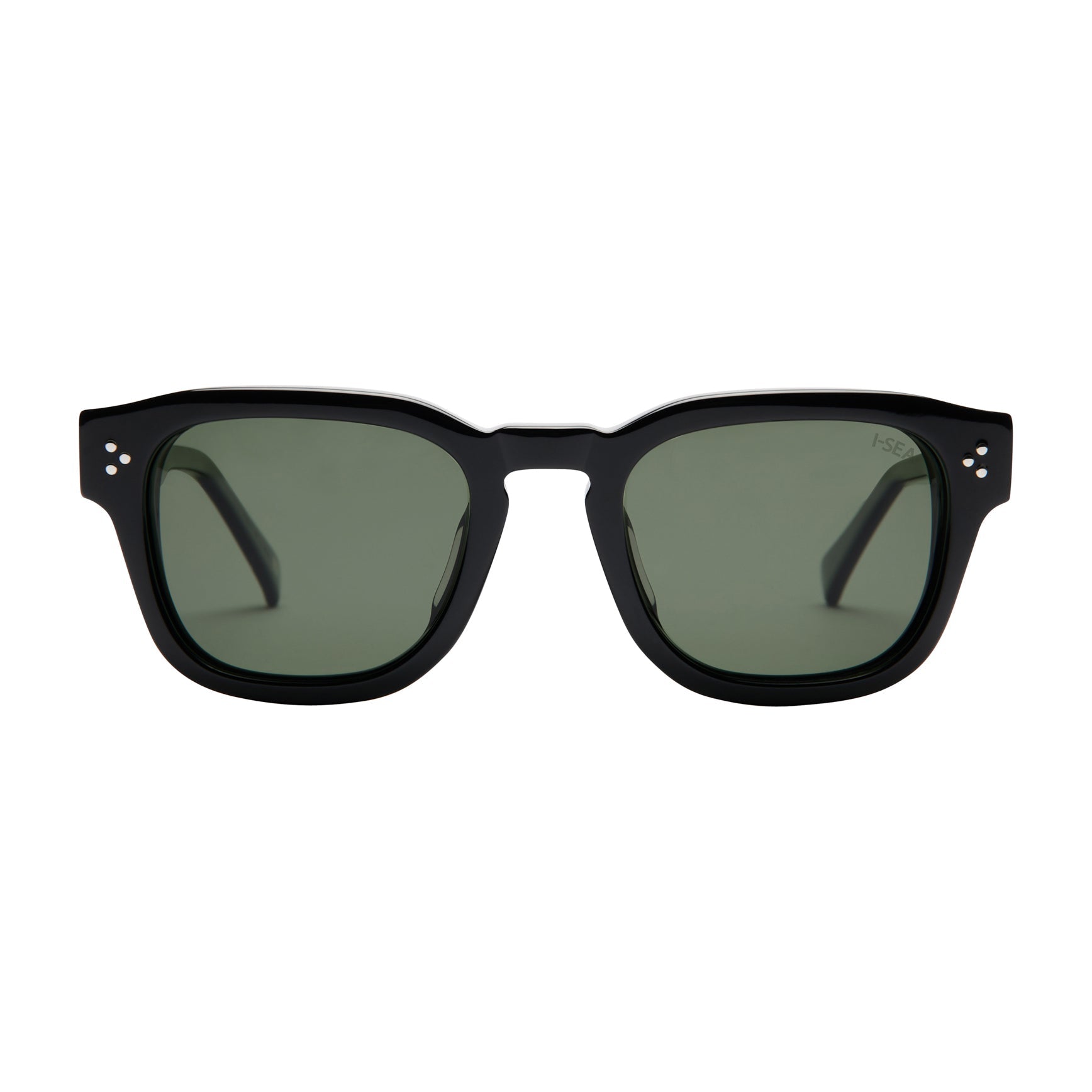 Black sunglasses with green lenses on a white background.
BLACK / GREEN POLARIZED LENS