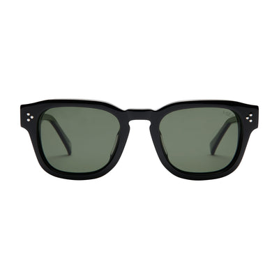 Black sunglasses with green lenses on a white background.
BLACK / GREEN POLARIZED LENS