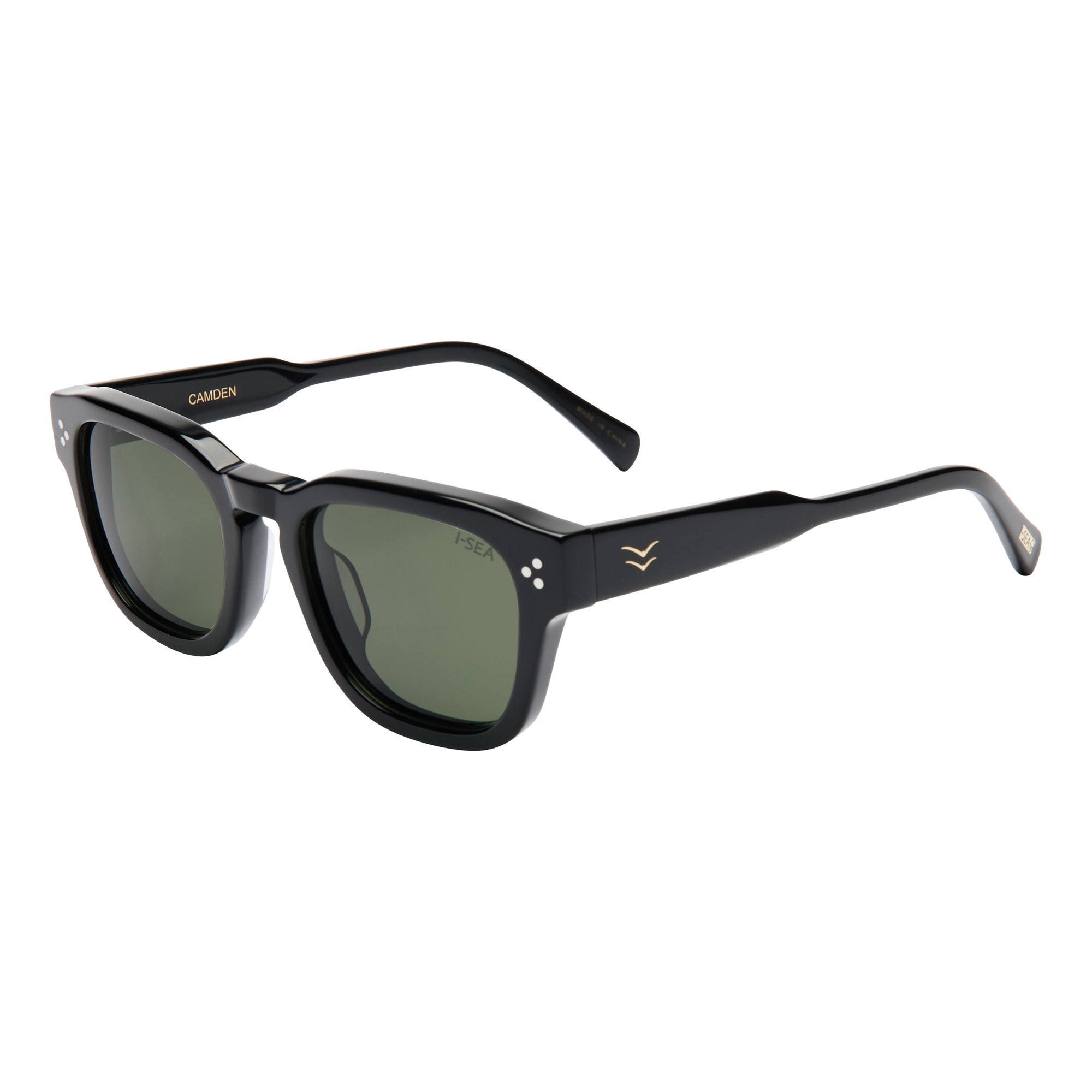 Sunglasses with green and red accents on a white background.
BLACK / GREEN POLARIZED LENS