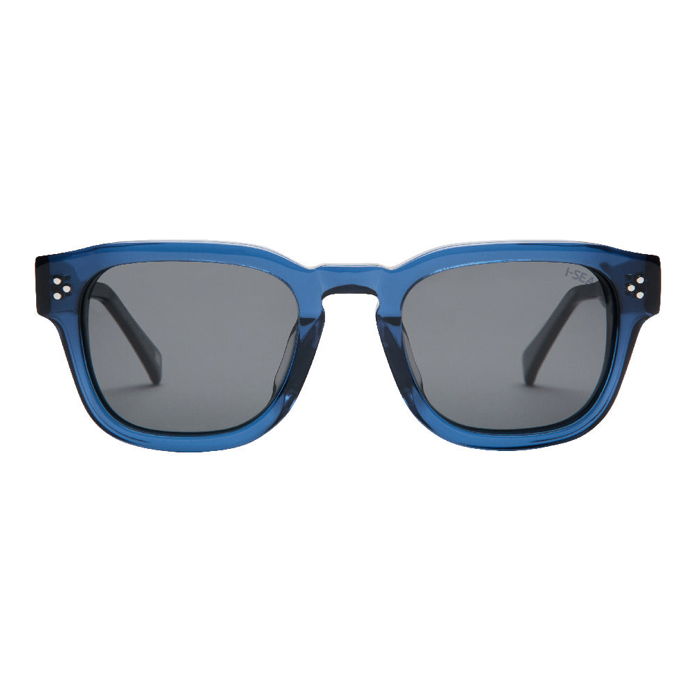 Blue sunglasses with dark lenses on a white background.
DARK SEAS / SMOKE POLARIZED LENS