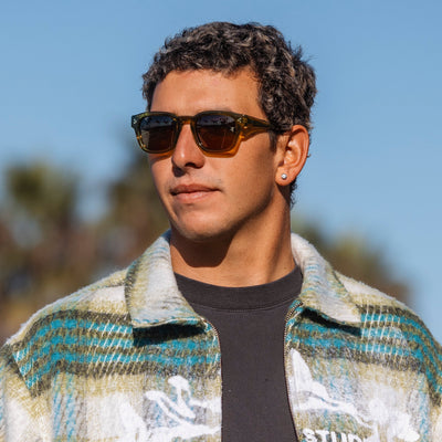 Man wearing sunglasses and a patterned jacket with a blurred background.
KELP / BROWN POLARIZED LENS