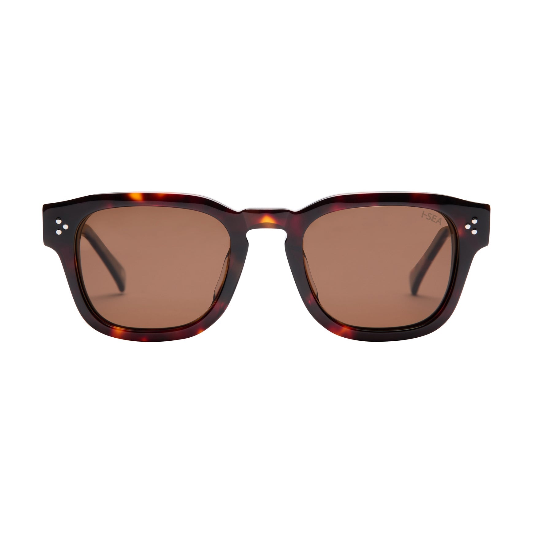Sunglasses with tortoiseshell frame and brown lenses on a white background.
TORT / BROWN POLARIZED LENS