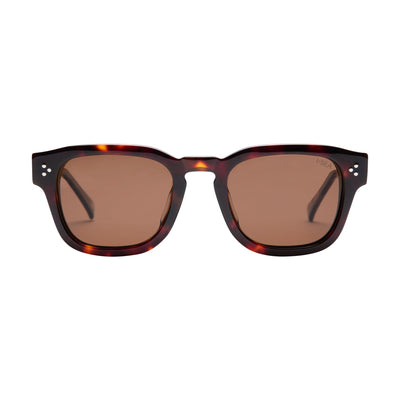 Sunglasses with tortoiseshell frame and brown lenses on a white background.
TORT / BROWN POLARIZED LENS