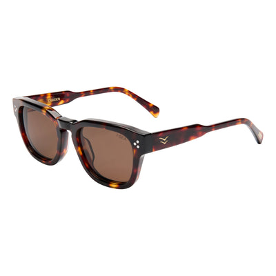 Sunglasses with tortoiseshell frame and brown lenses on a white background.
TORT / BROWN POLARIZED LENS