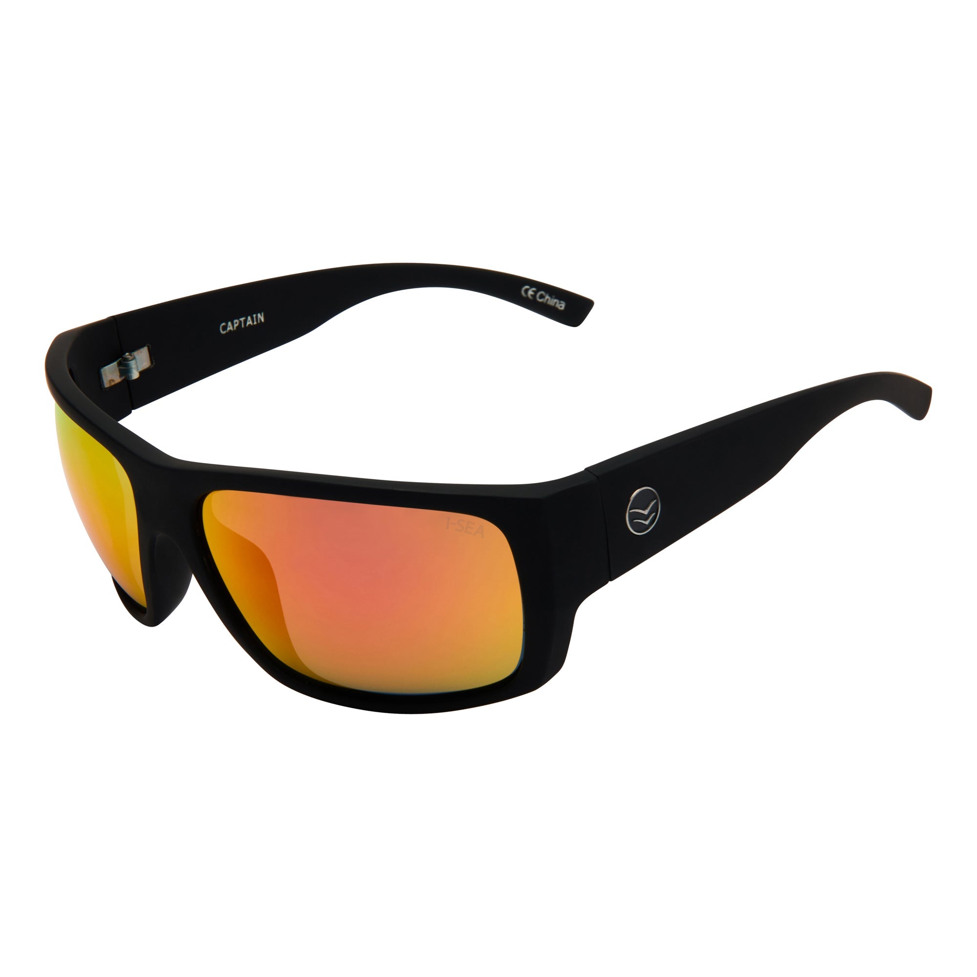 Black sunglasses with orange-tinted lenses on a white background.
BLACK / RED MIRROR POLARIZED LENS