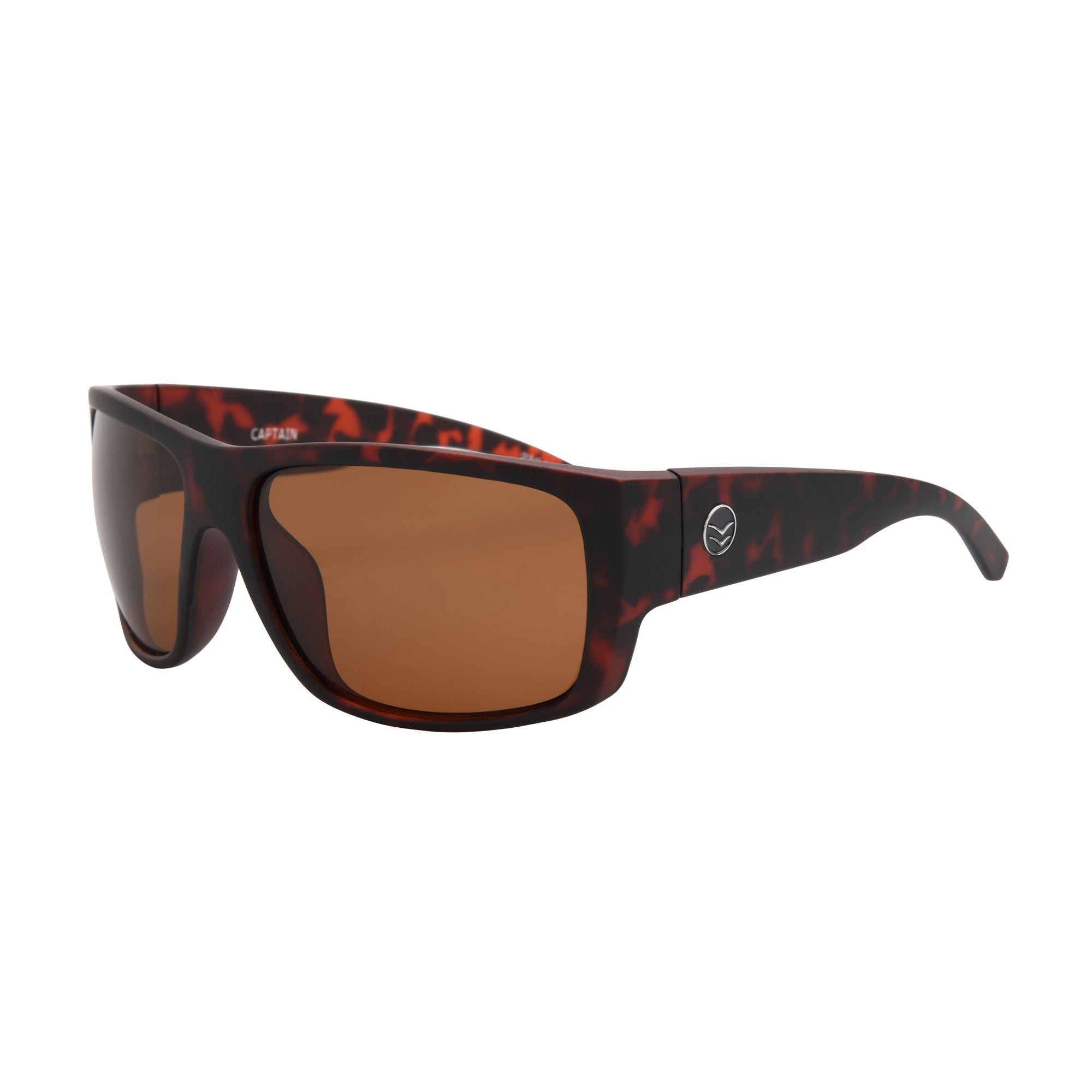 Sunglasses with red and black frame and brown lenses on a white background.
TORT / BROWN POLARIZED LENS