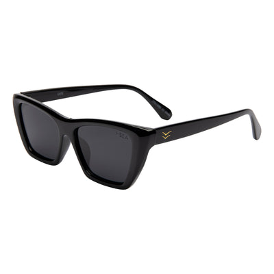 Black sunglasses with a brand logo on a white background.
BLACK / SMOKE POLARIZED LENS