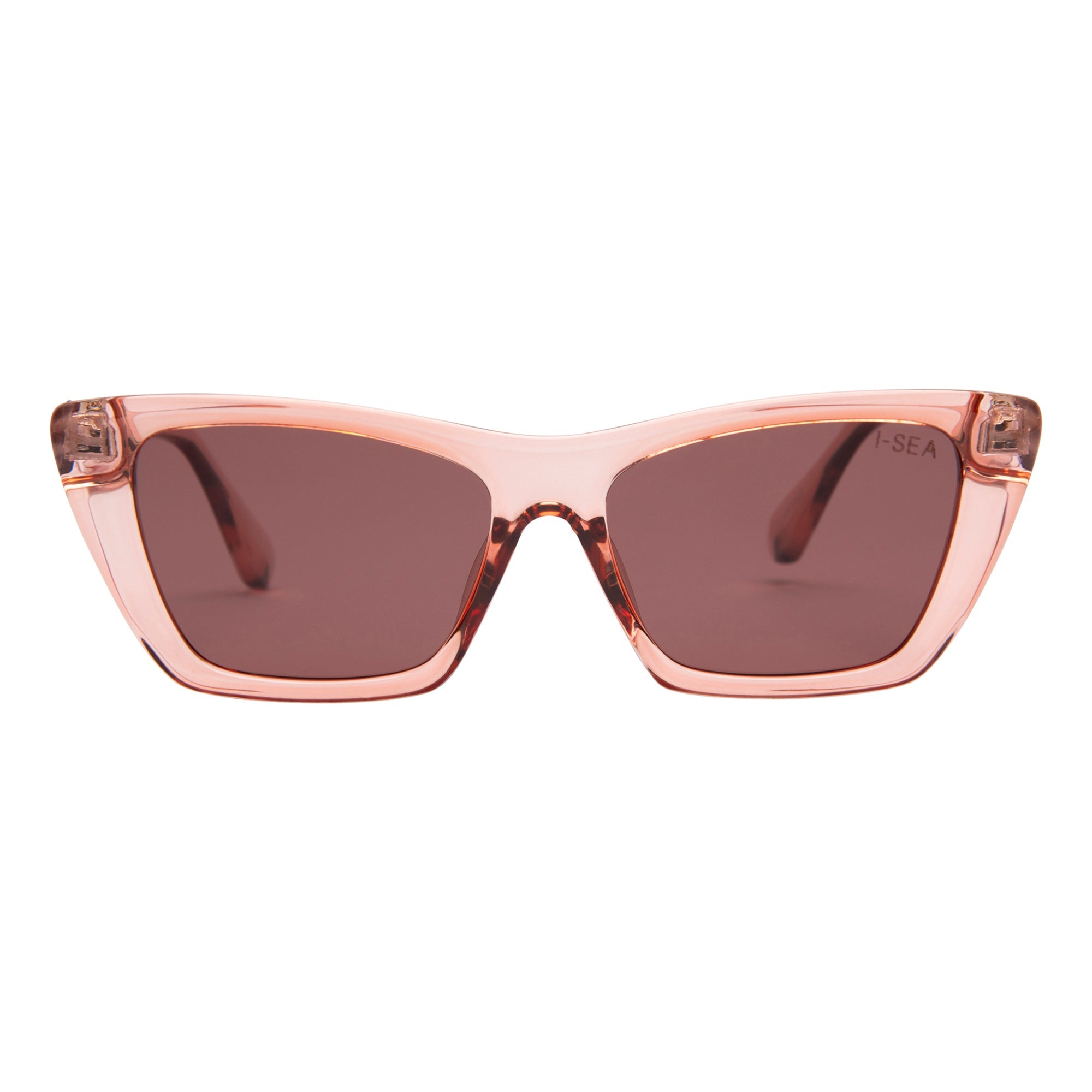 Pink sunglasses with brown lenses on a white background.
WATERMELON / PLUM POLARIZED LENS