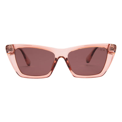 Pink sunglasses with brown lenses on a white background.
WATERMELON / PLUM POLARIZED LENS