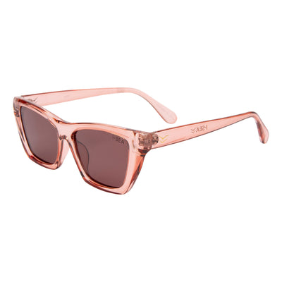 Pink sunglasses with a clear frame on a white background.
WATERMELON / PLUM POLARIZED LENS
