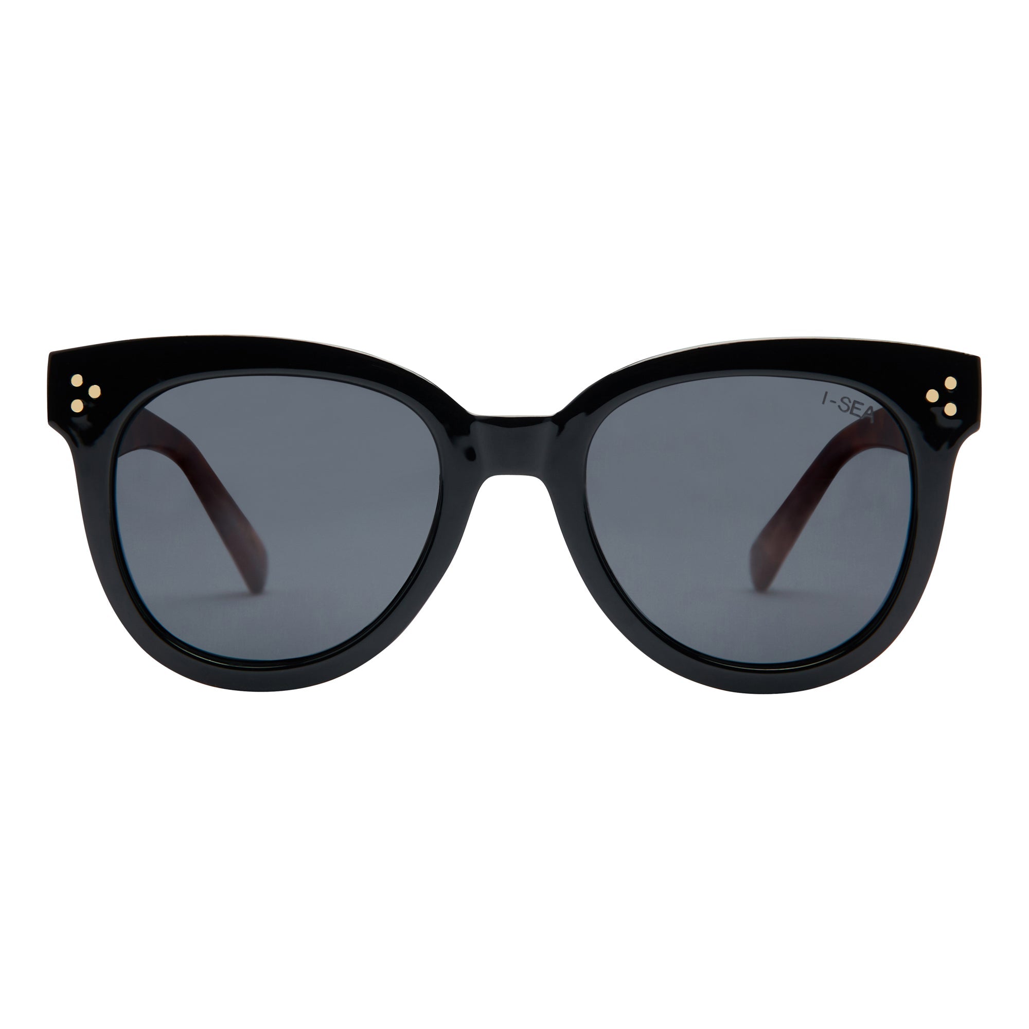 Black sunglasses with dark lenses on a white background.
BLACK / SMOKE POLARIZED LENS