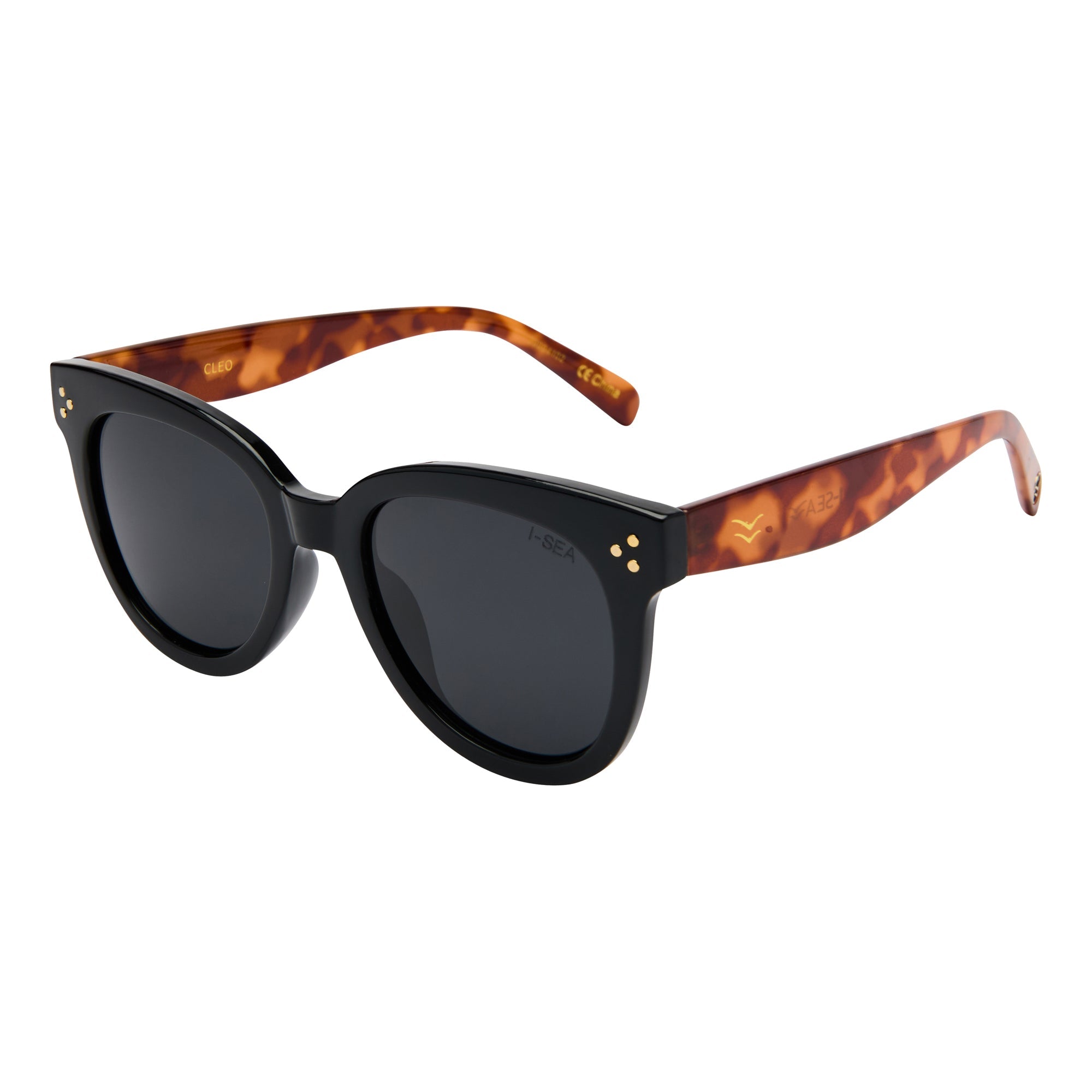 Sunglasses with tortoiseshell frame and dark lenses on a white background.
BLACK / SMOKE POLARIZED LENS