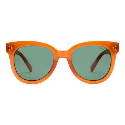 Orange sunglasses with green lenses on a white background.
MAPLE / GREEN POLARIZED LENS