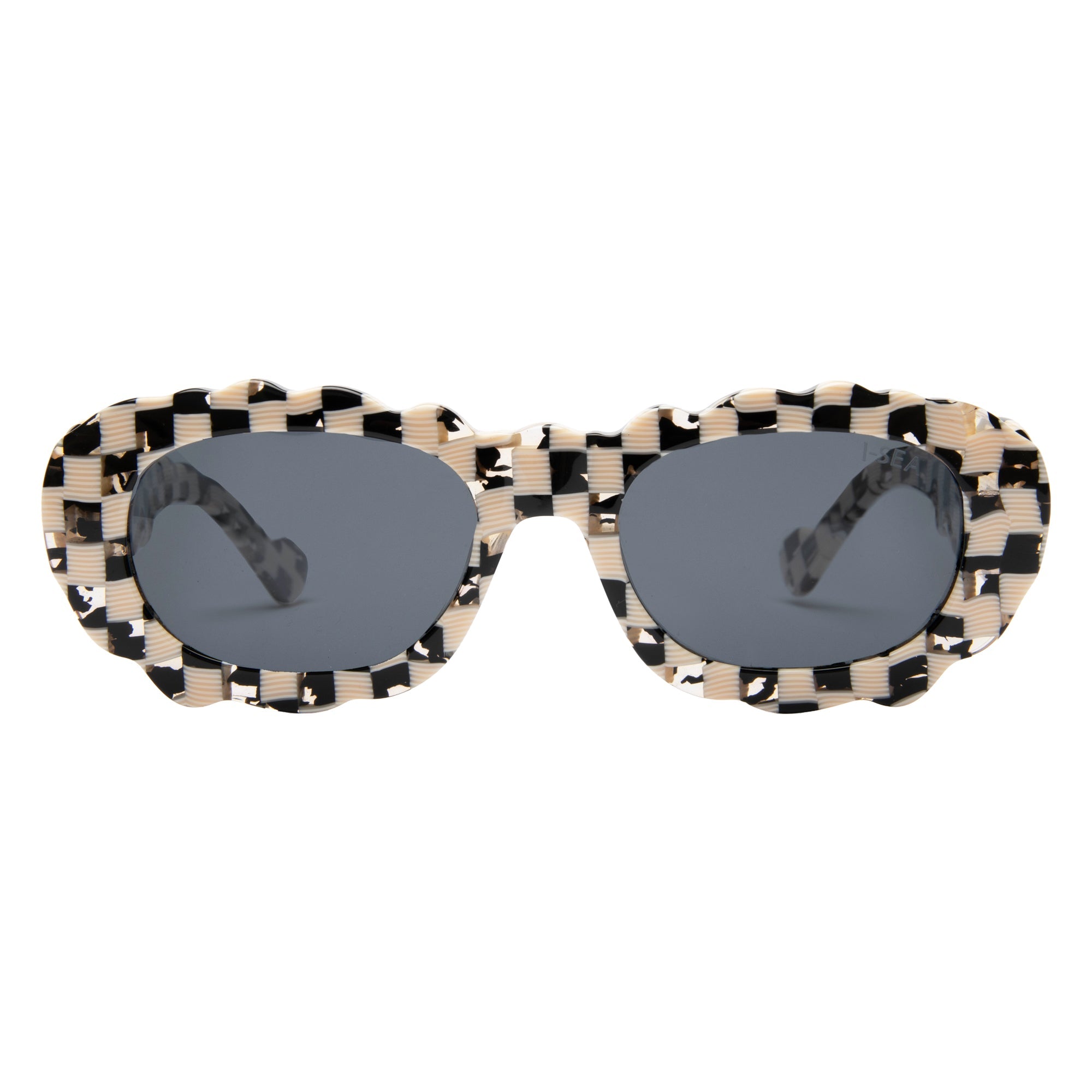 Sunglasses with a checkered pattern on a white background.
BLACK & WHITE CHECK / SMOKE POLARIZED LENS