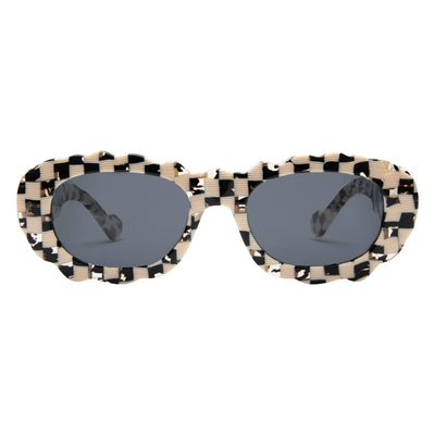 Sunglasses with a checkered pattern on a white background.
BLACK & WHITE CHECK / SMOKE POLARIZED LENS